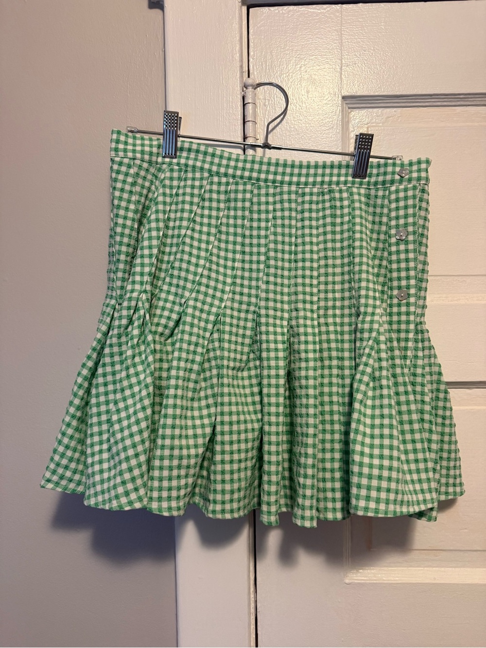 Christina Green Gingham Pleated Mini Skirt with Side Buttons